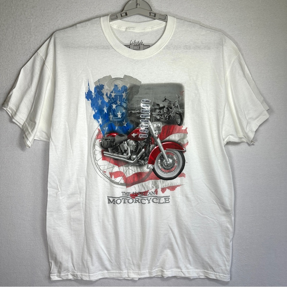 The American Motorcycle T Shirt Mens XXL White Graphic Print Tee Flag Bike New